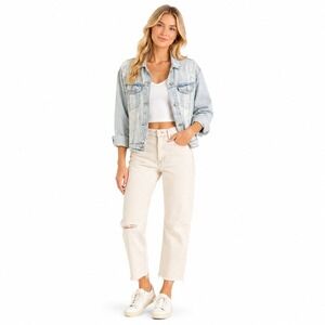 Gap‎ Womens MT Light Indigo Denim Jacket Distressed Ripped Jean Trucker Coat